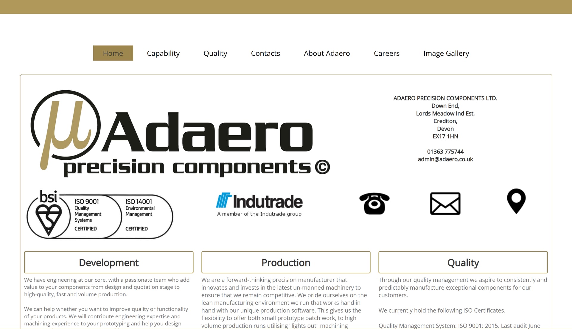 Adaero's previous website — a one-page brochure with text navigation top, the large Adaero logo, the company address block top-right, ISO 9001 and 14001 certification badges, an Indutrade group affiliation, and three content columns labelled Development, Production and Quality.