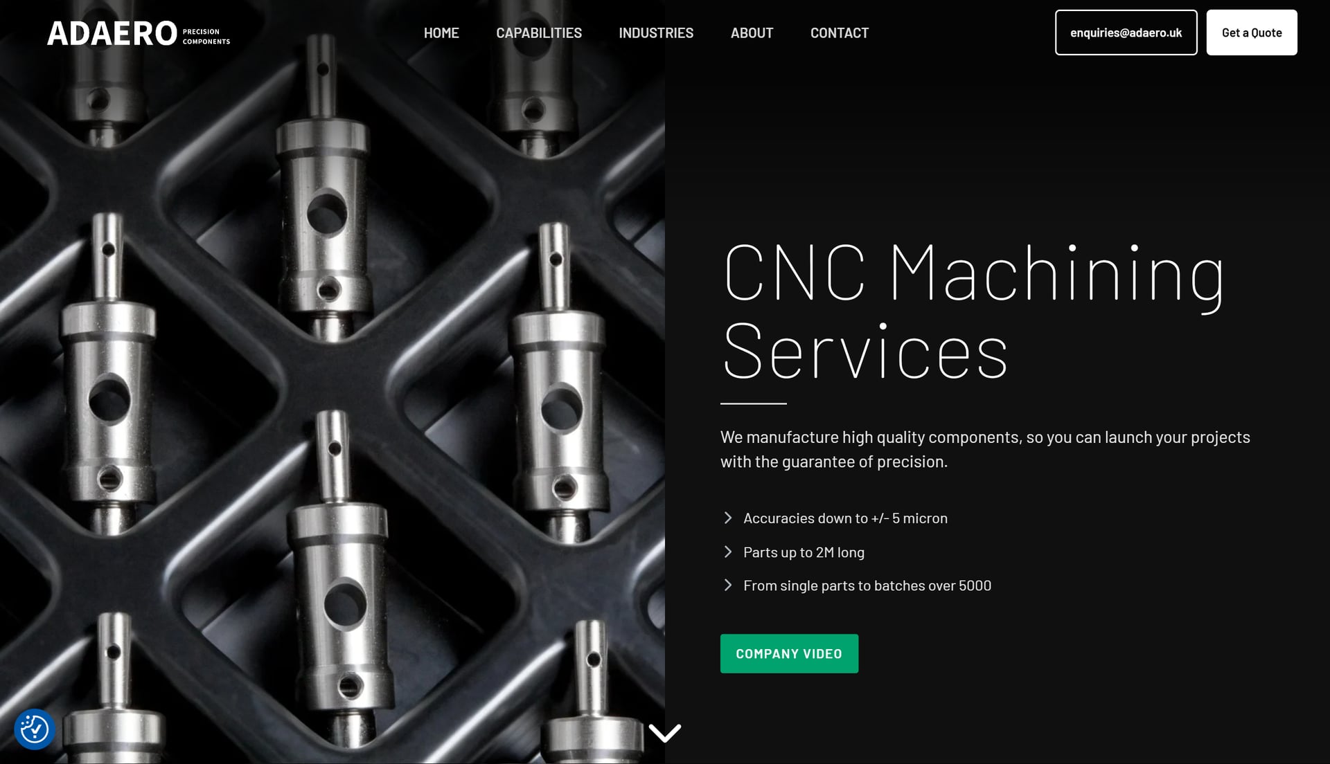 Adaero Precision Components homepage hero — 'CNC Machining Services' headline in white serif type over a dark photograph of machined metal components, with the Adaero logo top-left and a confident dark theme throughout.