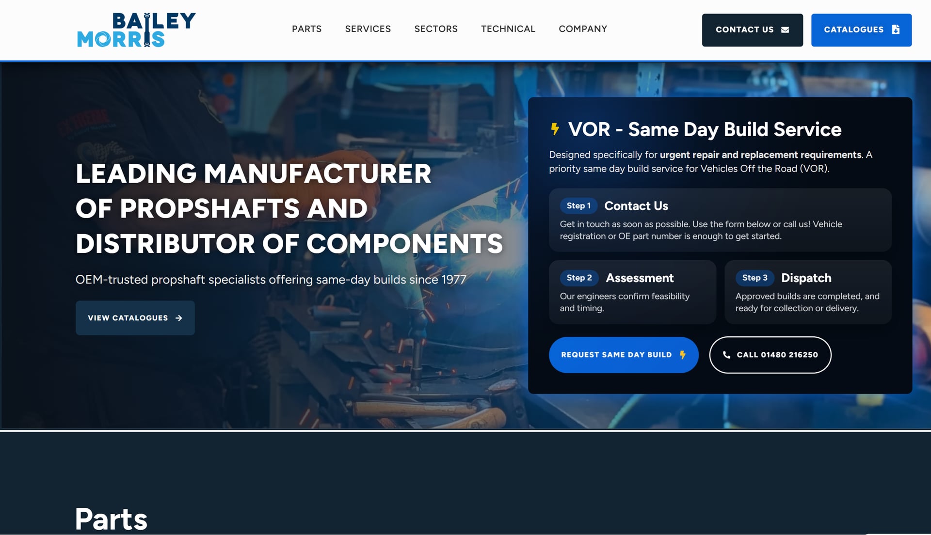 Bailey Morris homepage hero — 'LEADING MANUFACTURER OF PROPSHAFTS AND DISTRIBUTOR OF COMPONENTS' headline in bold white type over a workshop photograph showing propshafts in production, with the Bailey Morris logo top-left and a 'VIEW CATALOGUES' CTA below the subhead.