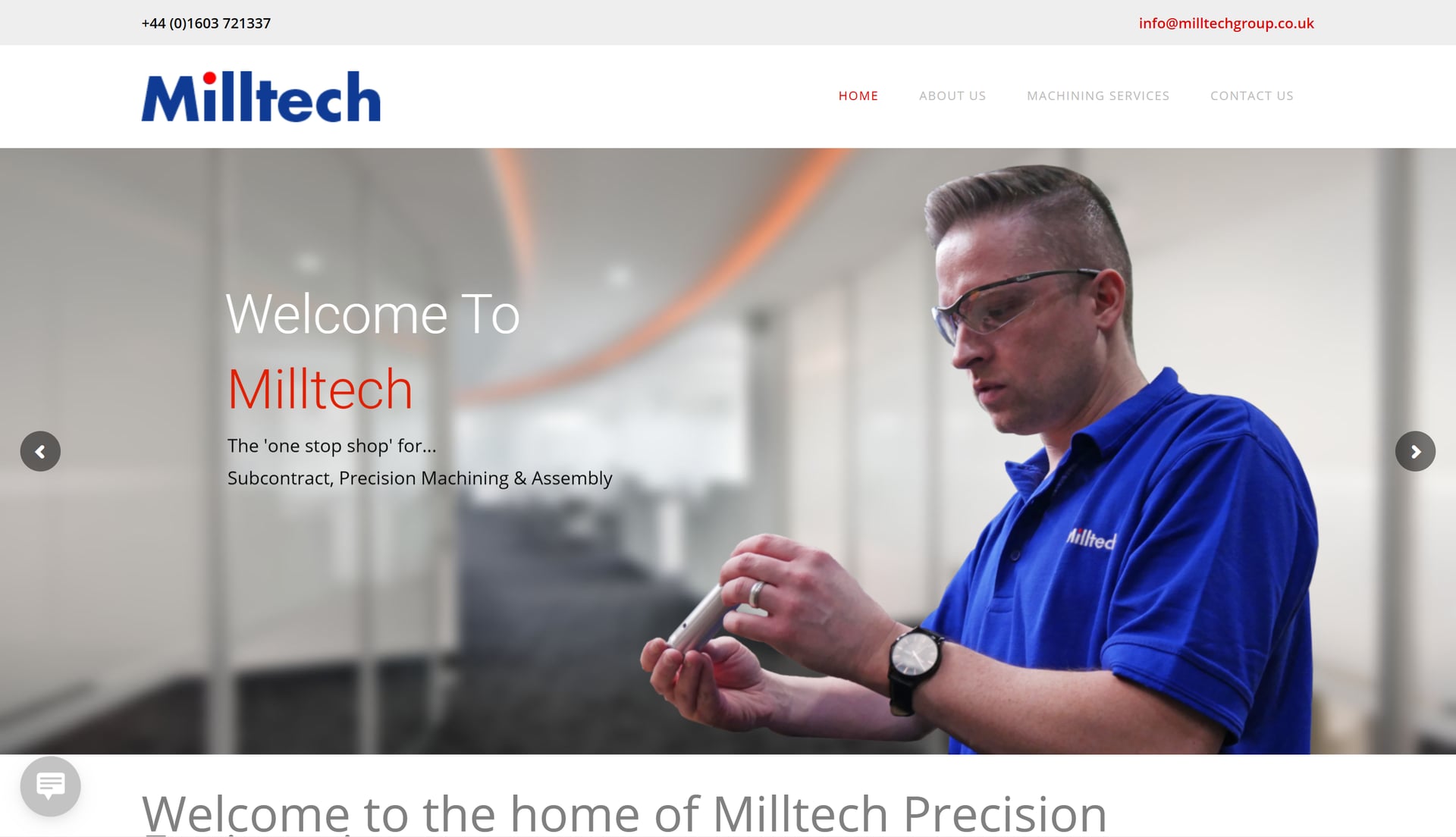 Milltech's previous website — a light-theme hero with a stock photograph of a person in a blue Milltech polo examining a workpiece, a red 'Welcome To Milltech' headline, a 'one stop shop' tagline, a simple horizontal navigation across the top, and carousel arrows suggesting a slider hero.