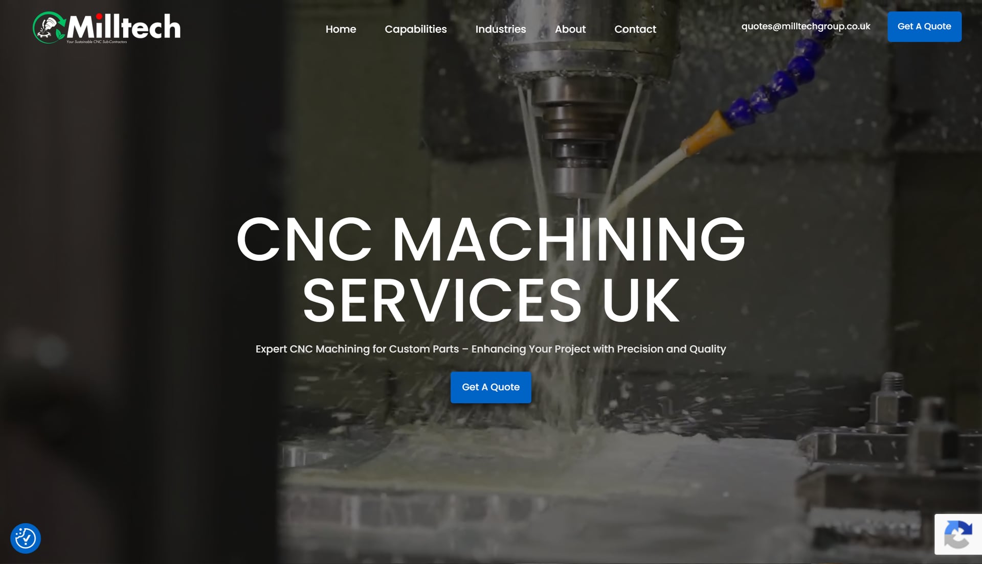 Milltech Precision Engineering homepage hero — a 'CNC MACHINING SERVICES UK' headline in white type over a close-up dark-toned photograph of machined metal components, with the Milltech logo top-left and a minimalist nav across the top of the page.