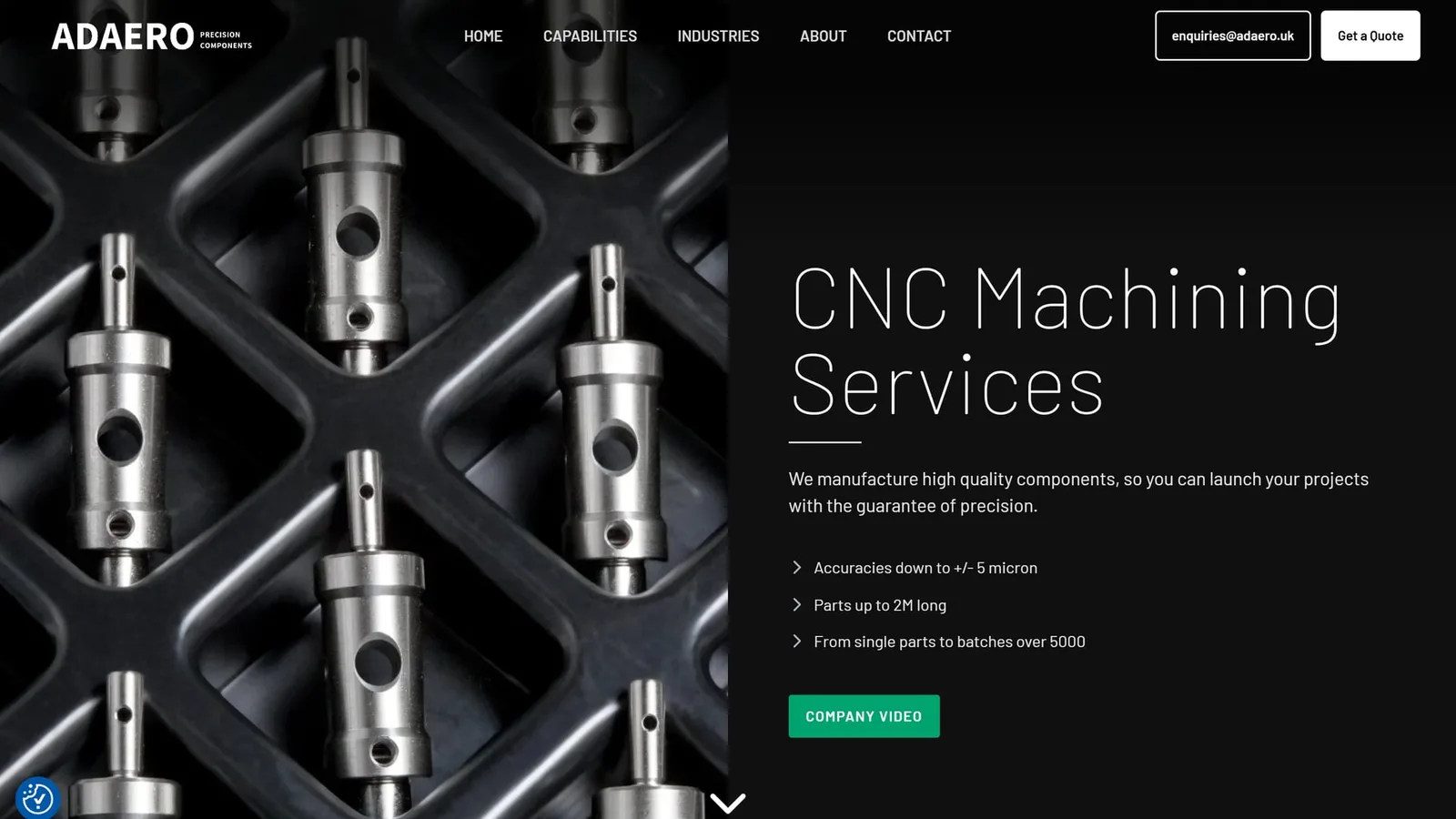 Adaero Precision Components homepage hero — 'CNC Machining Services' headline in white serif type over a dark photograph of machined metal components, with the Adaero logo top-left and a confident dark theme throughout.