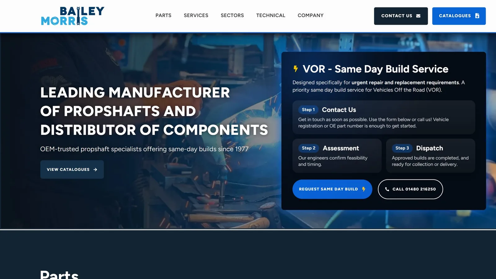 Bailey Morris homepage hero — 'LEADING MANUFACTURER OF PROPSHAFTS AND DISTRIBUTOR OF COMPONENTS' headline in bold white type over a workshop photograph showing propshafts in production, with the Bailey Morris logo top-left and a 'VIEW CATALOGUES' CTA below the subhead.
