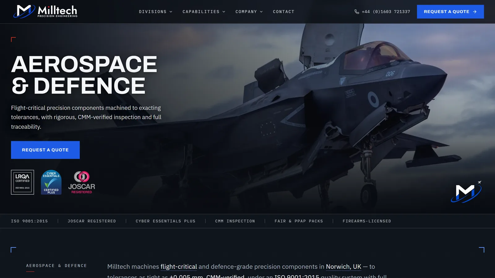 Milltech's Aerospace & Defence division page — an 'AEROSPACE & DEFENCE' headline in white type over a dark photograph of an F-35, with LRQA ISO 9001:2015, Cyber Essentials Plus and JOSCAR badges beneath.