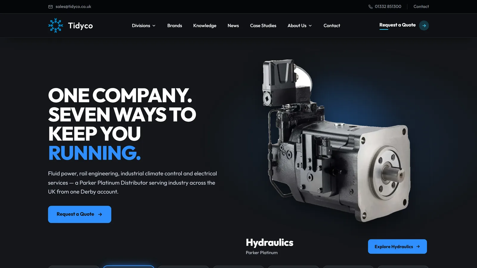 Tidyco's homepage — a 'ONE COMPANY. SEVEN WAYS TO KEEP YOU RUNNING.' headline in white and blue type on a dark background, beside a studio render of a Parker hydraulic pump, with seven numbered division tabs beneath.