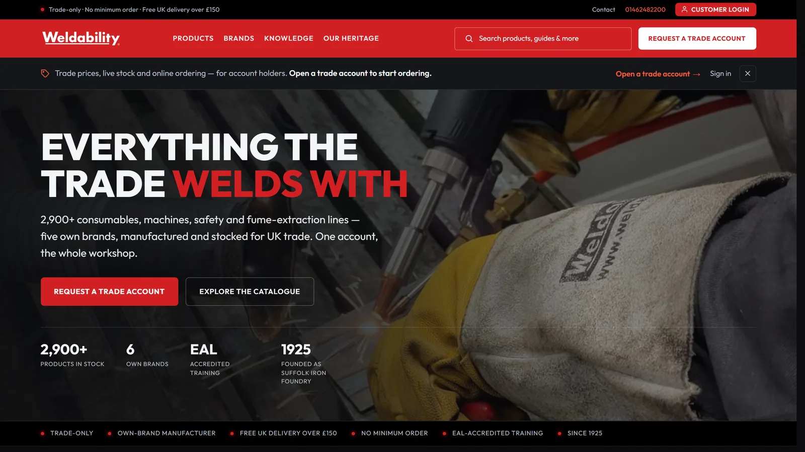 Weldability-SIF's homepage — an 'EVERYTHING THE TRADE WELDS WITH' headline in white and red type over a photograph of a welder at work, with a stat strip reading 2,900+ products in stock, EAL accredited training and founded 1925.