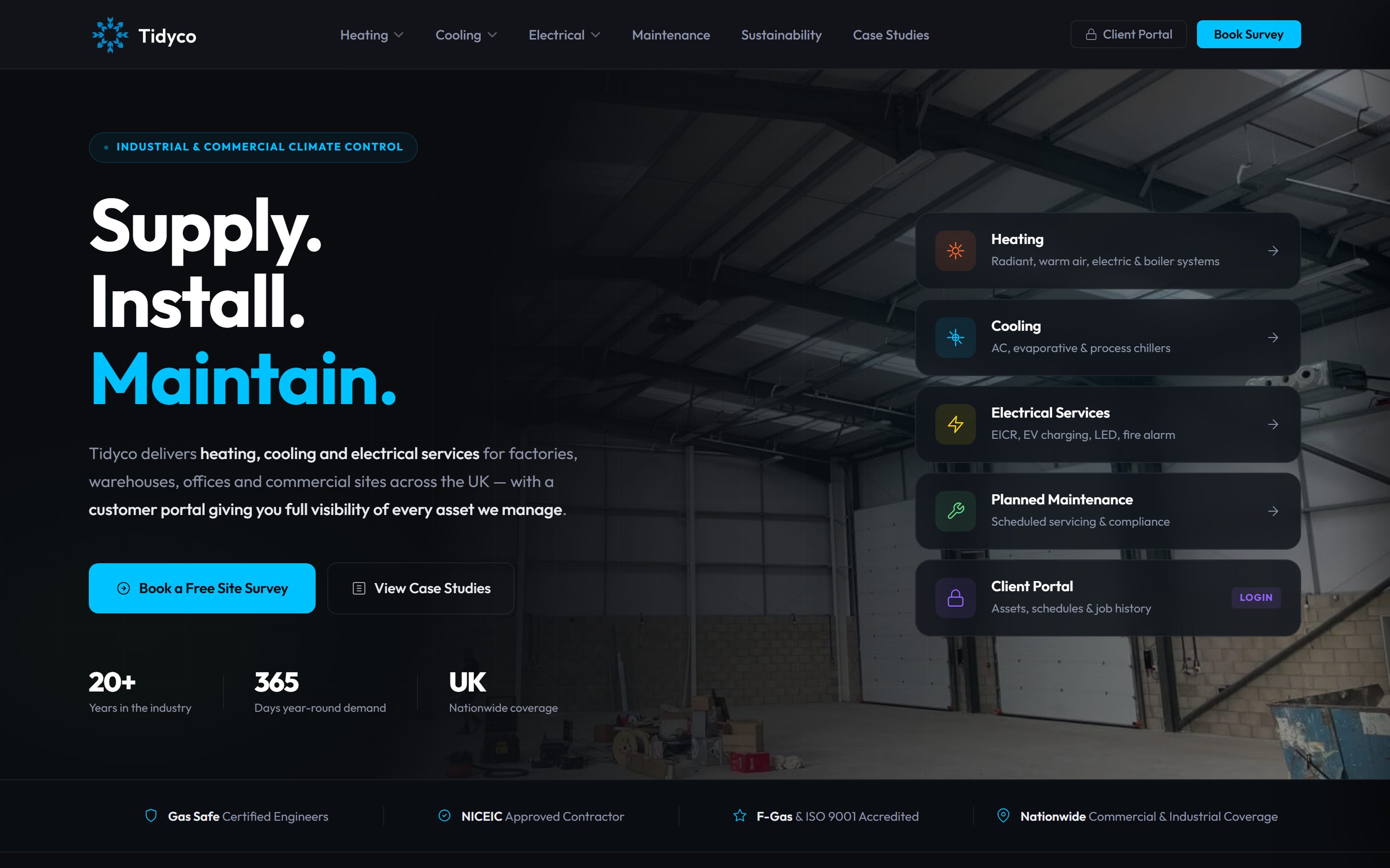 Tidyco Climate Control homepage hero — Supply. Install. Maintain. — showing service cards for Heating, Cooling, Electrical and Maintenance over a dark warehouse photograph.