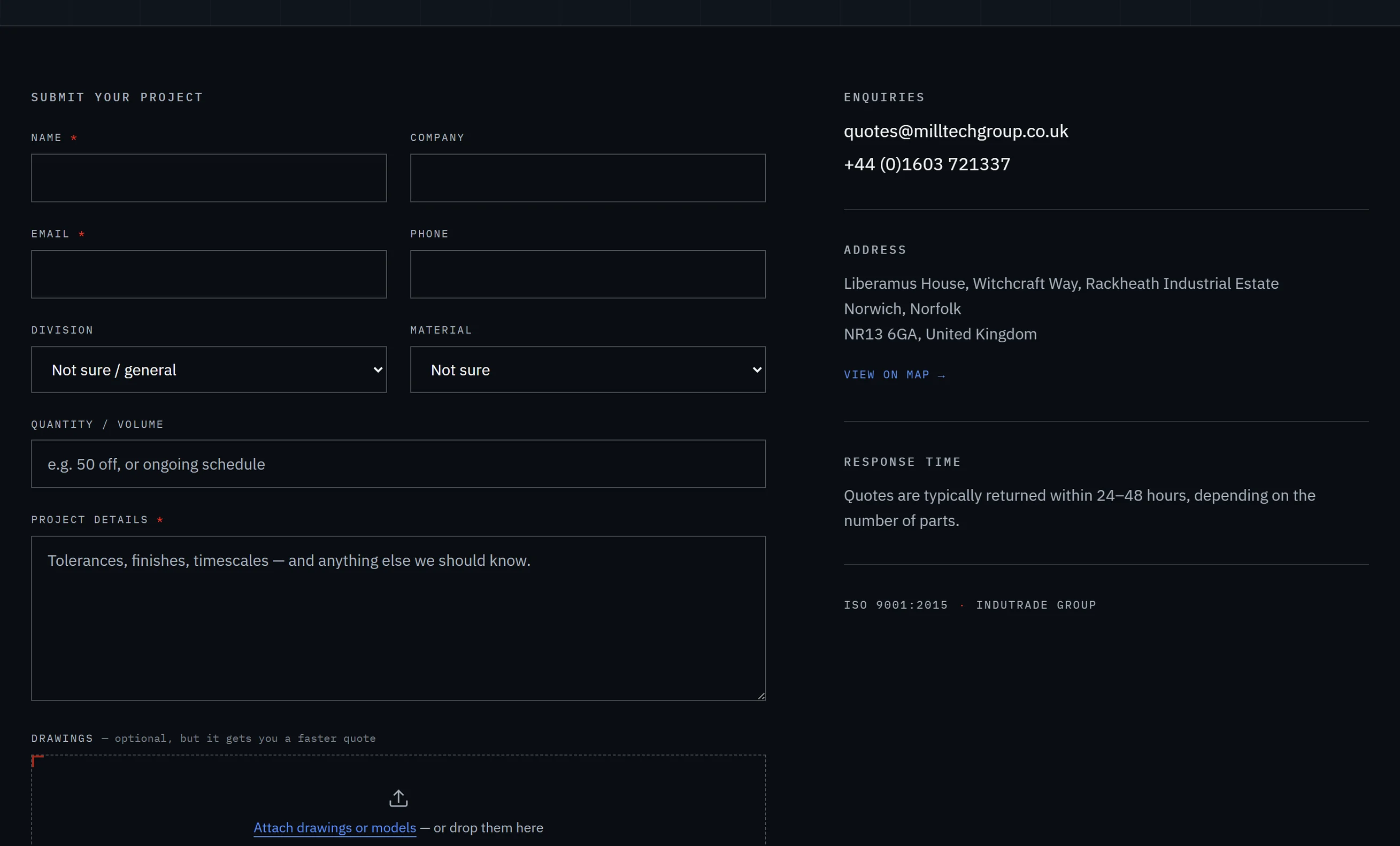 Milltech Precision — A form that produces a quotable brief