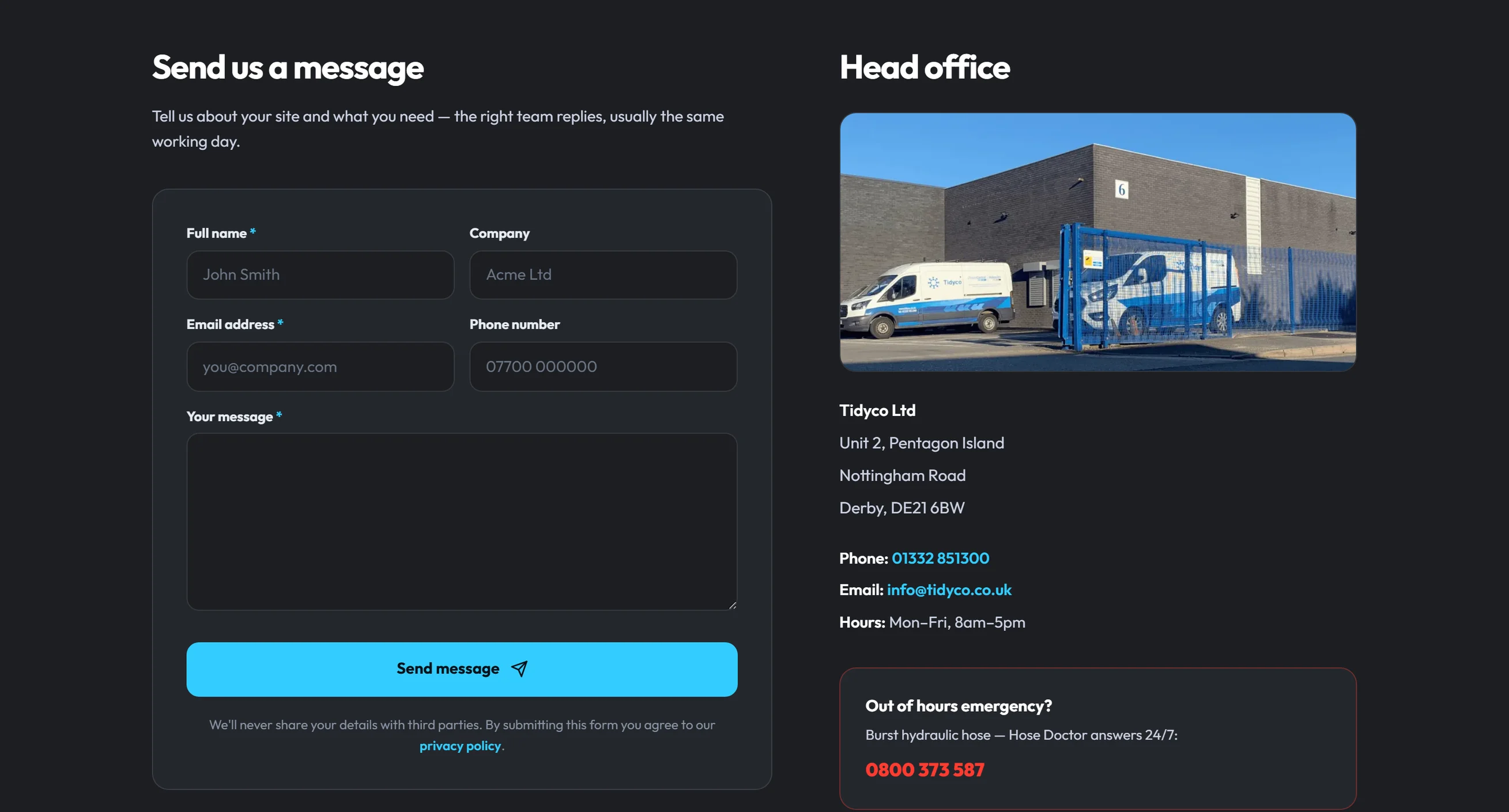 Tidyco — The form a buyer actually fills in